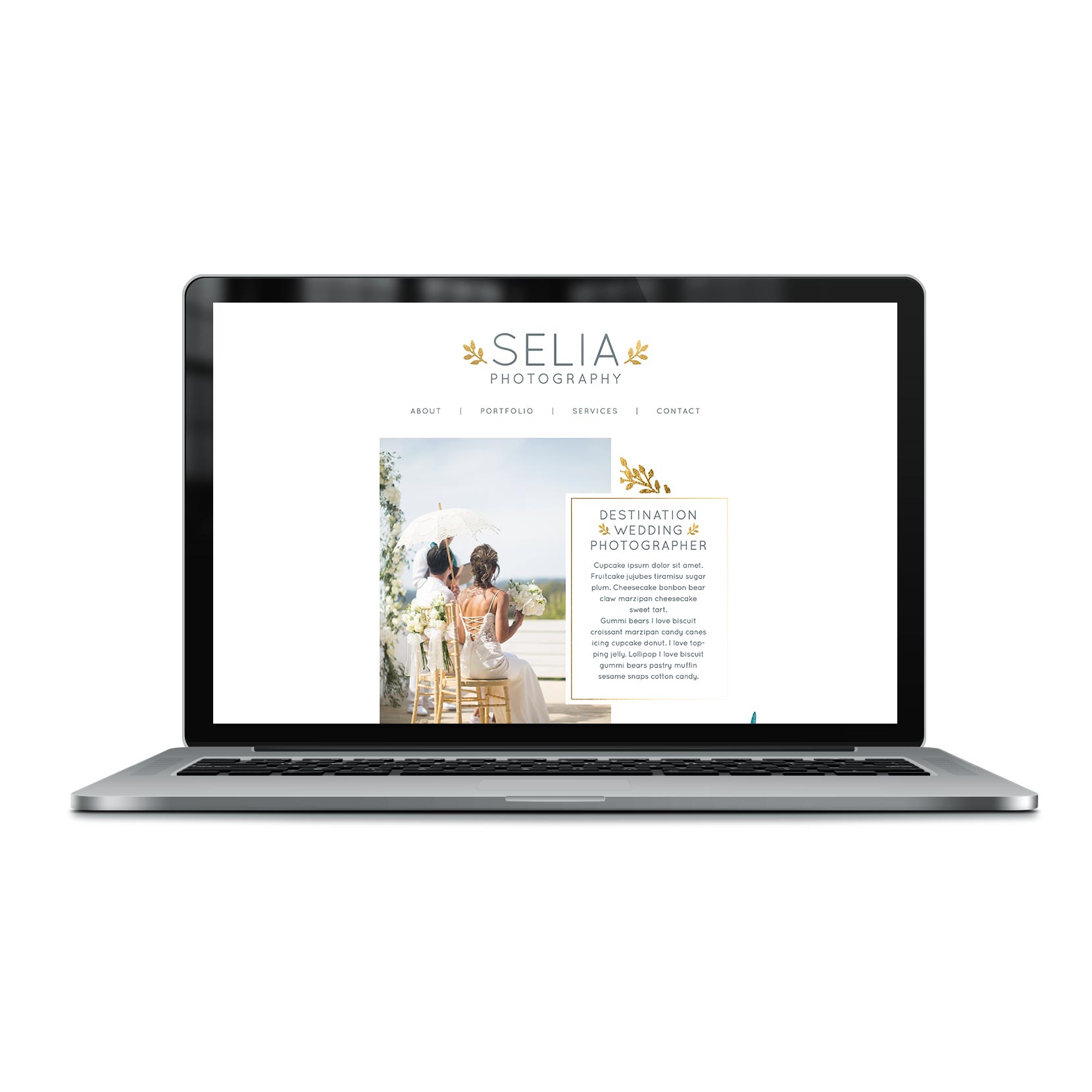 Destination wedding photographer website in Ibiza - Golden leaves and watercolor flowers by Claudia Orengo from Heartmade.es - Design for Happiness